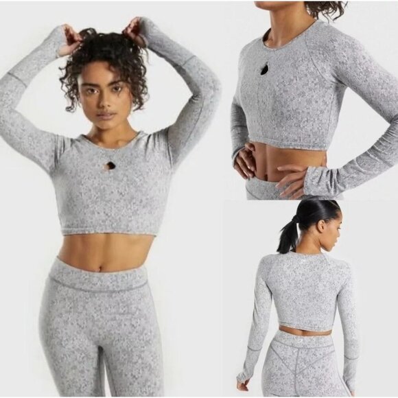 Gymshark Women's S Fleur Texture Charcoal Marl Long Sleeve‎ Crop Top Workout Gym - Picture 1 of 7